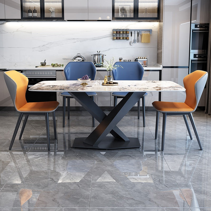 A luxury dining set featuring an extendable marble tabletop and a sleek metal frame, paired with eight stylish chairsample product