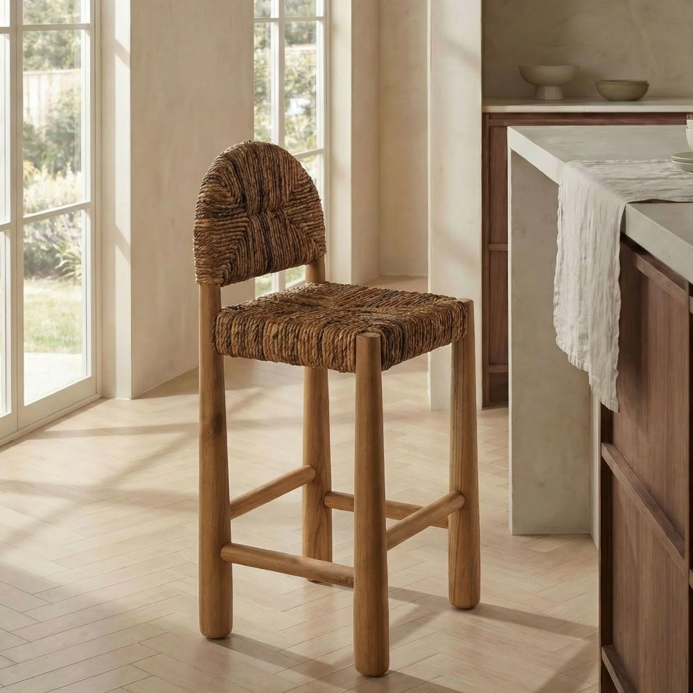 Solid Wood Bar Stool with Woven Seat