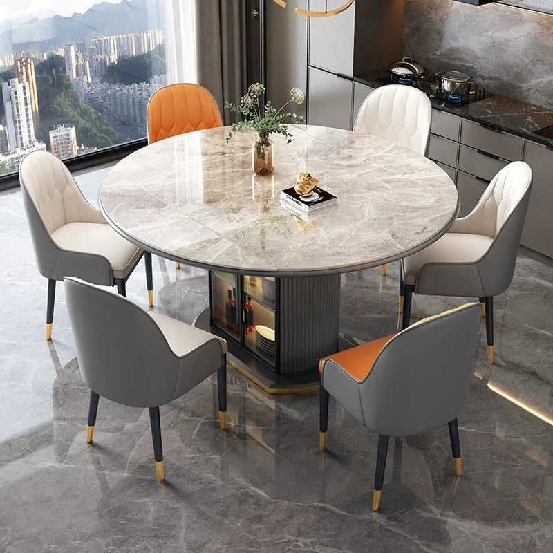 Luxe Marble-Inspired Round Dining Table with Glass Storage Base