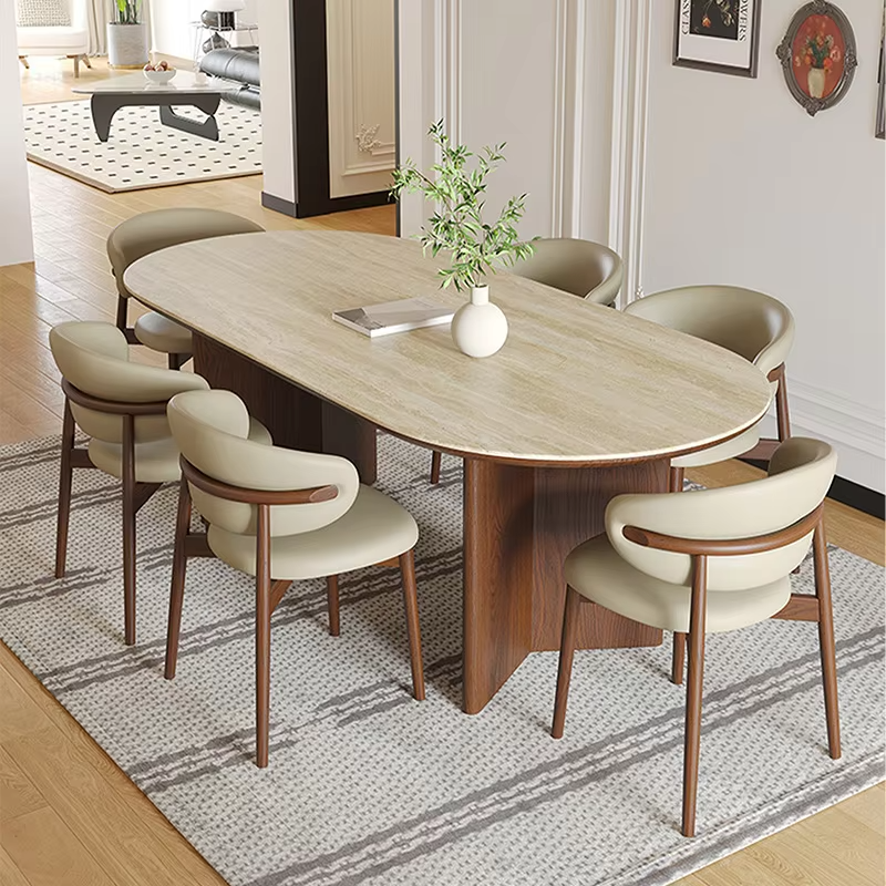 Nordic French Retro Oval Dining Table Set with 6 Chairs