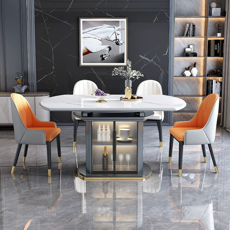 Luxe Marble-Inspired Round Dining Table with Glass Storage Base