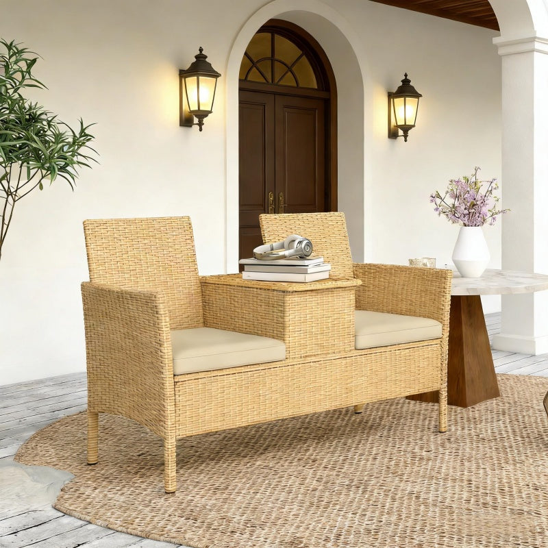 Outdoor PE Rattan 2 Seater Loveseat with Storage Table