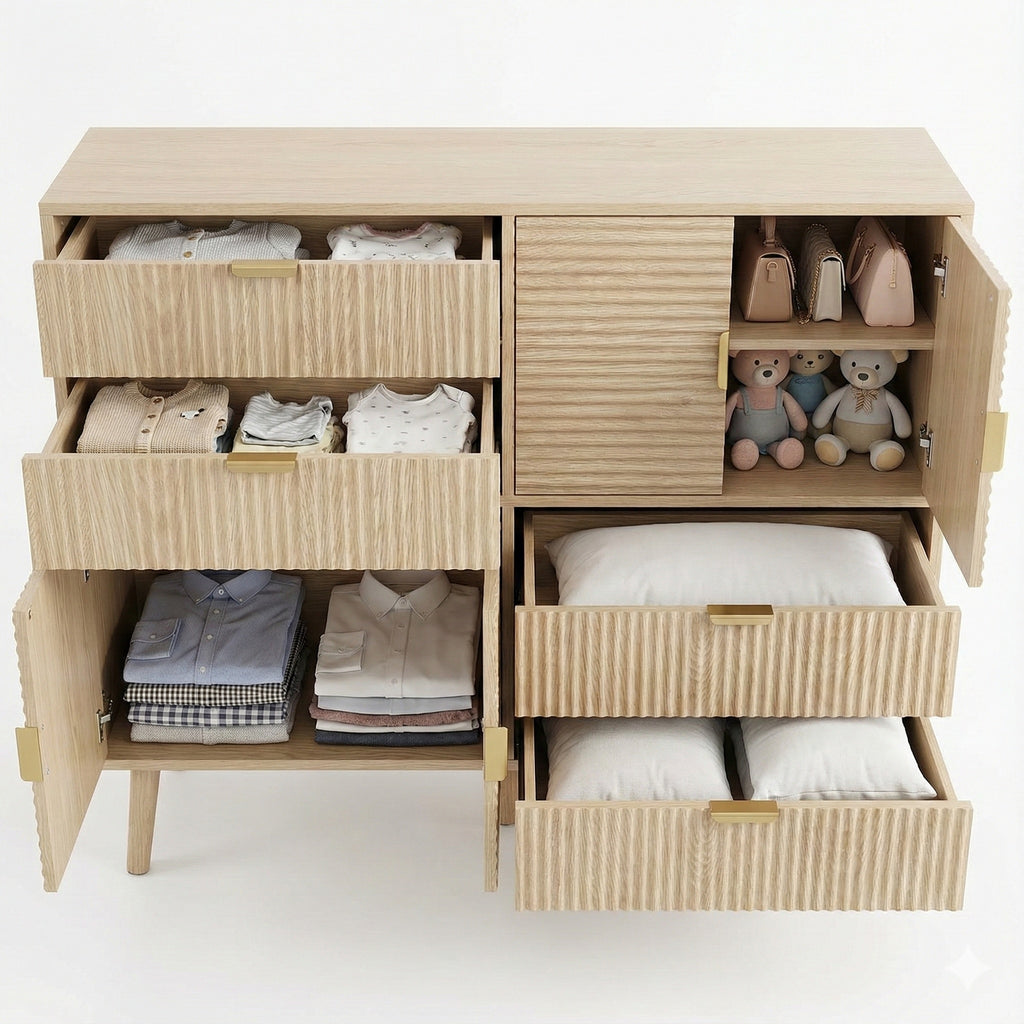 Contemporary Multi-Function Fluted Wooden 4 Drawer Dresser