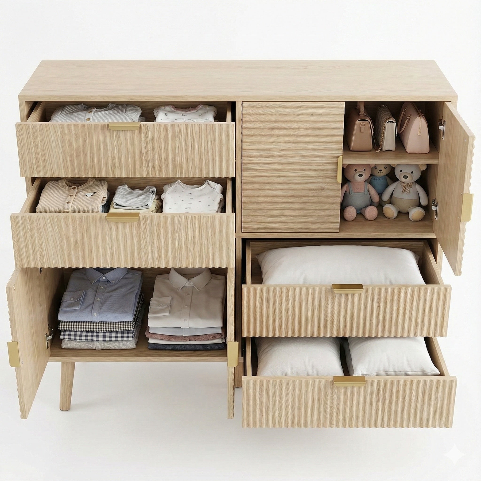Contemporary Multi-Function Fluted Wooden 4 Drawer Dresser