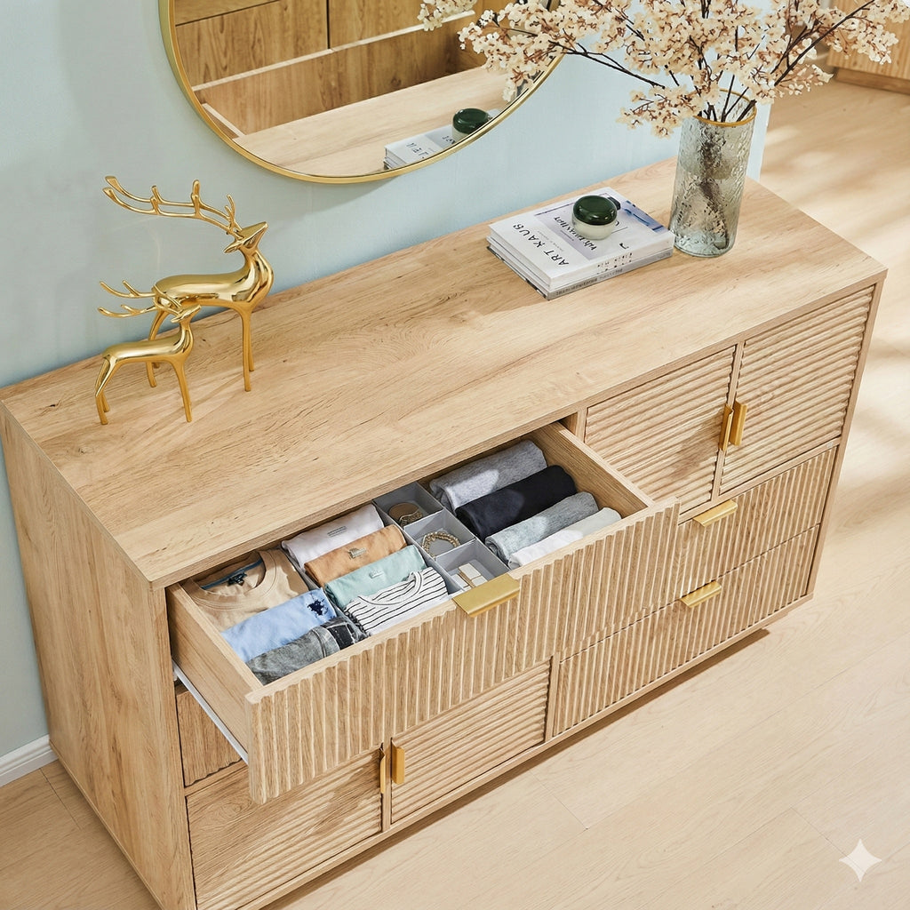 Contemporary Multi-Function Fluted Wooden 4 Drawer Dresser