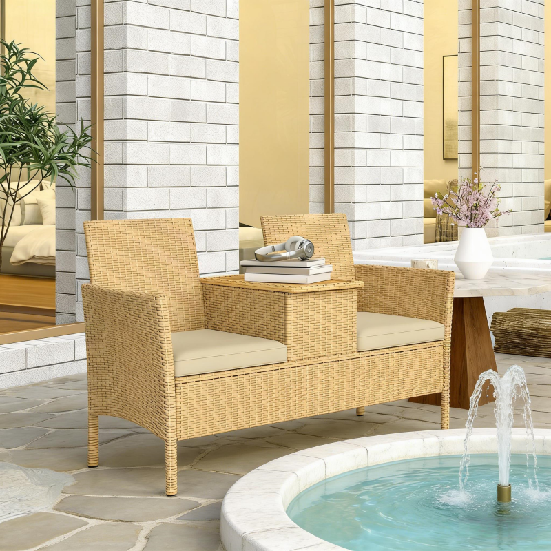 Outdoor PE Rattan 2 Seater Loveseat with Storage Table