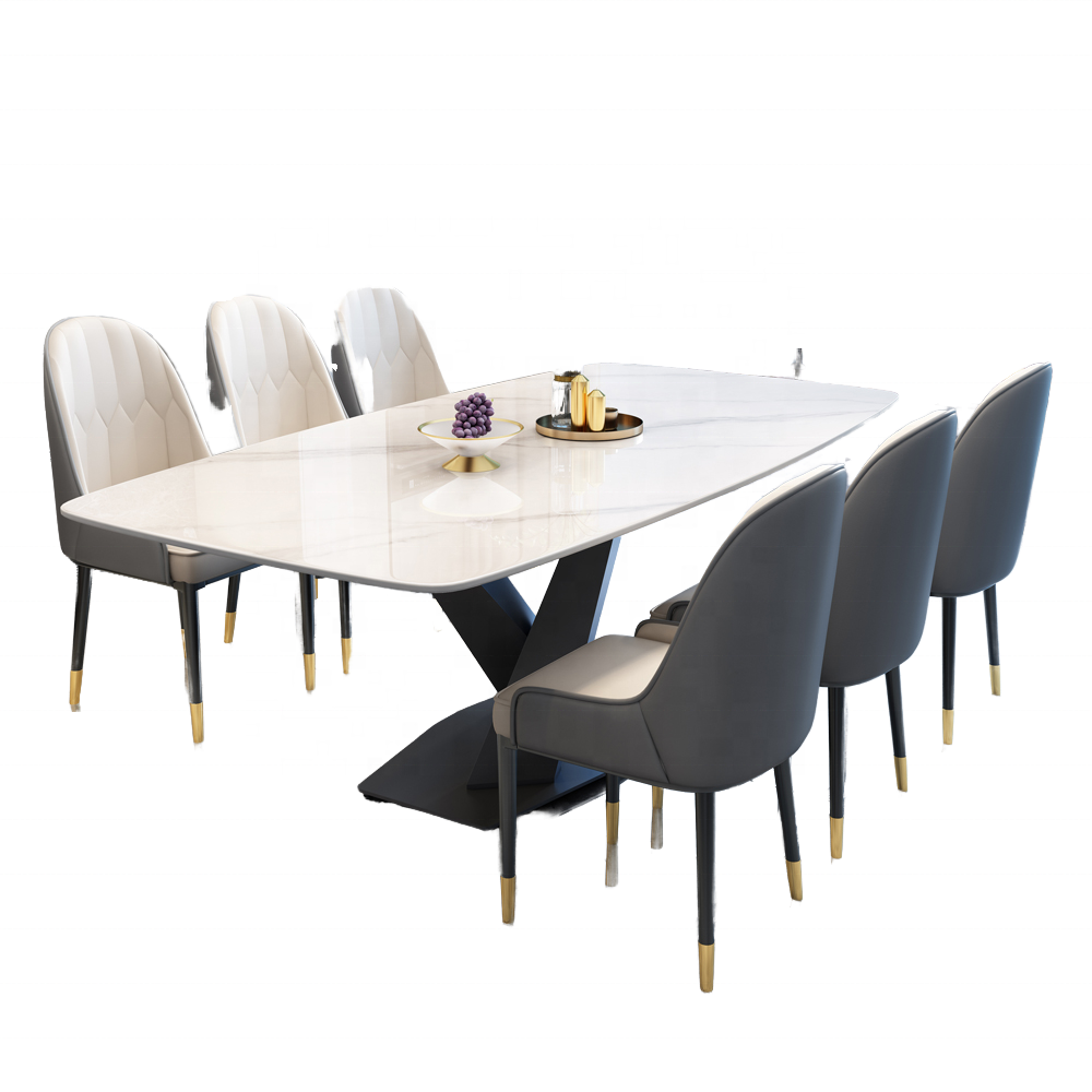 A luxury dining set featuring an extendable marble tabletop and a sleek metal frame, paired with eight stylish chairsample product