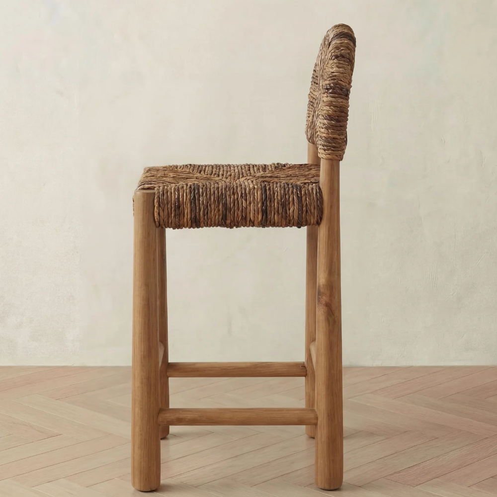 Solid Wood Bar Stool with Woven Seat