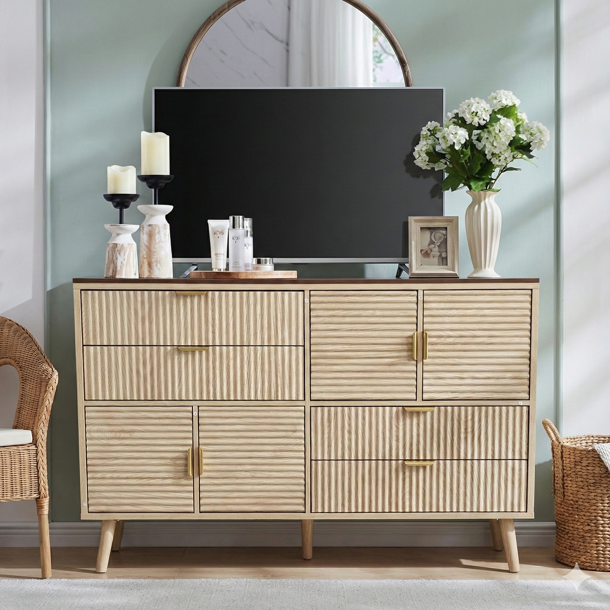 Contemporary Multi-Function Fluted Wooden 4 Drawer Dresser