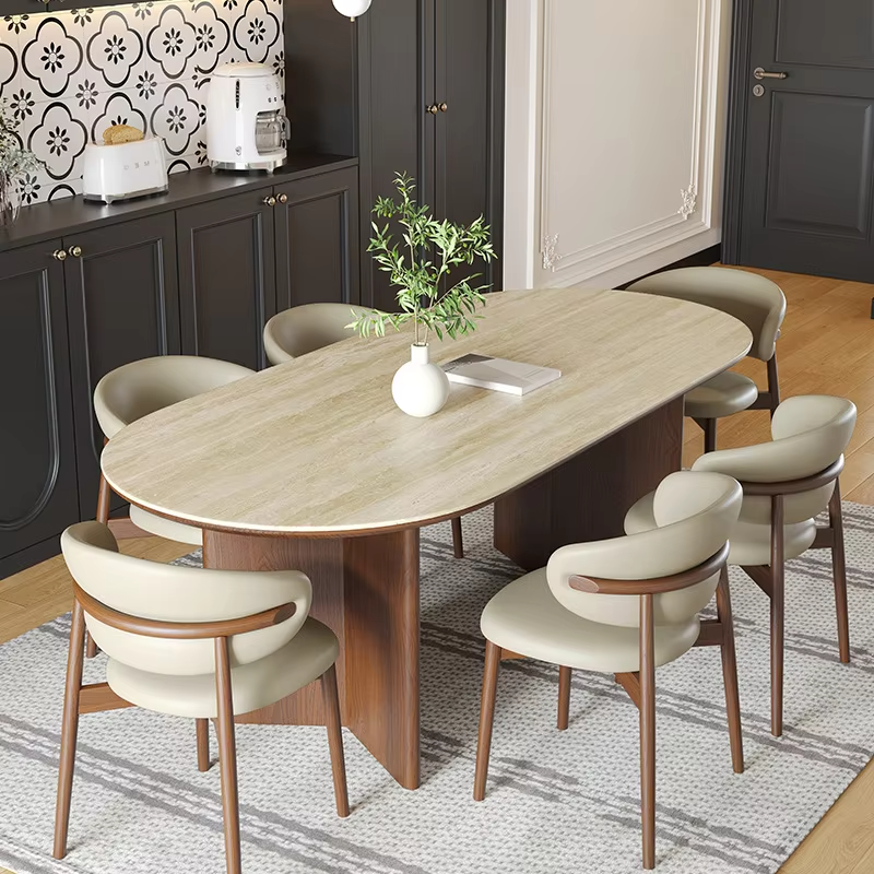 Nordic French Retro Oval Dining Table Set with 6 Chairs
