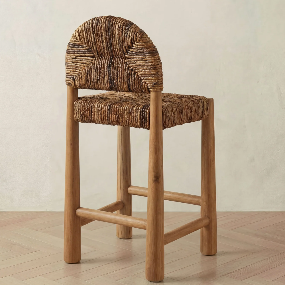 Solid Wood Bar Stool with Woven Seat