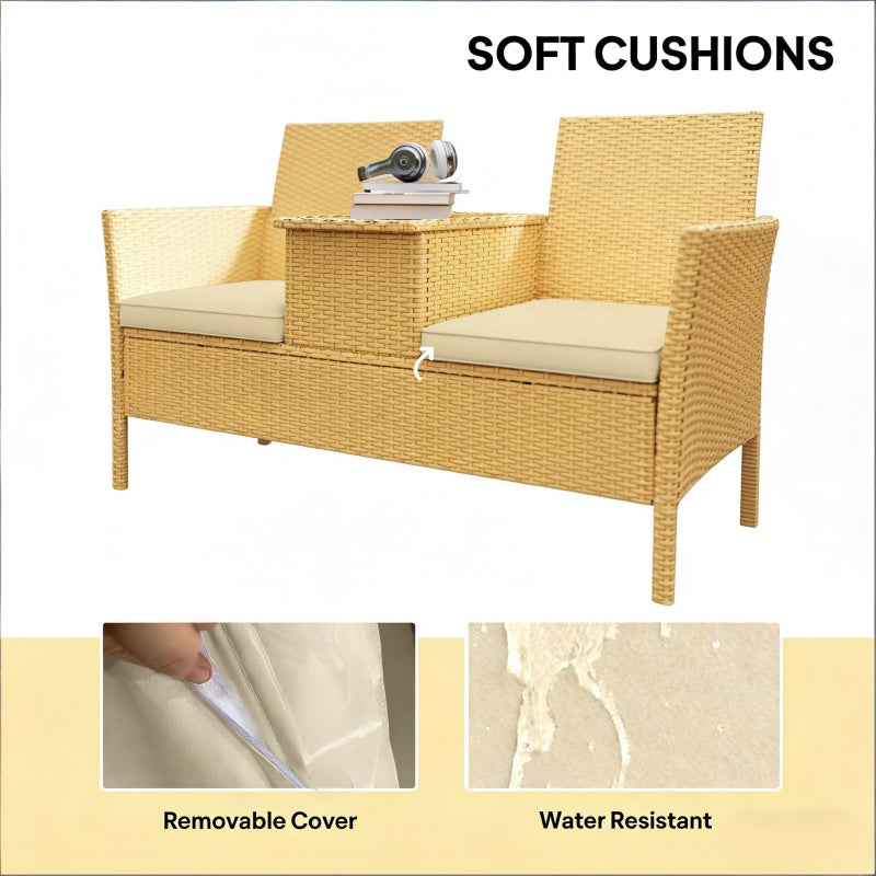 Outdoor PE Rattan 2 Seater Loveseat with Storage Table
