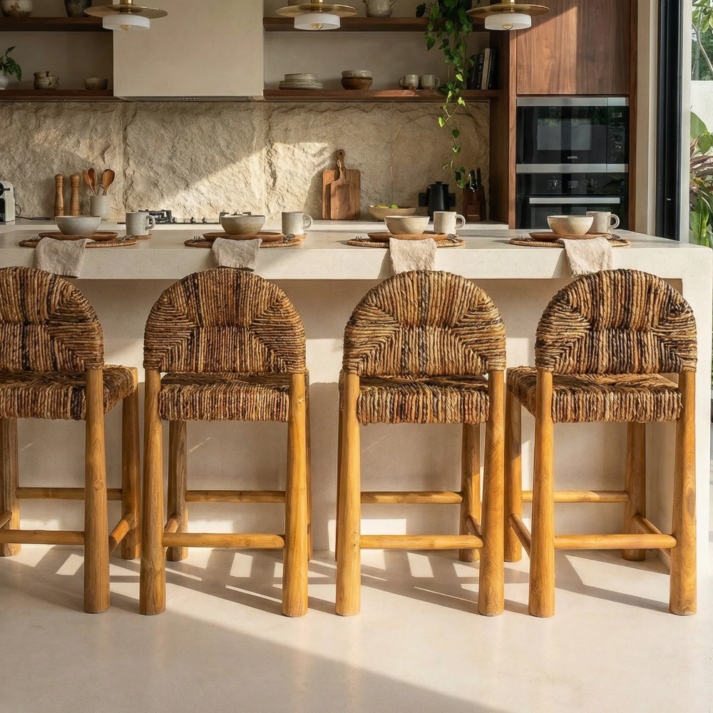 Solid Wood Bar Stool with Woven Seat