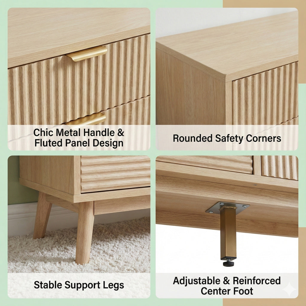 Contemporary Multi-Function Fluted Wooden 4 Drawer Dresser